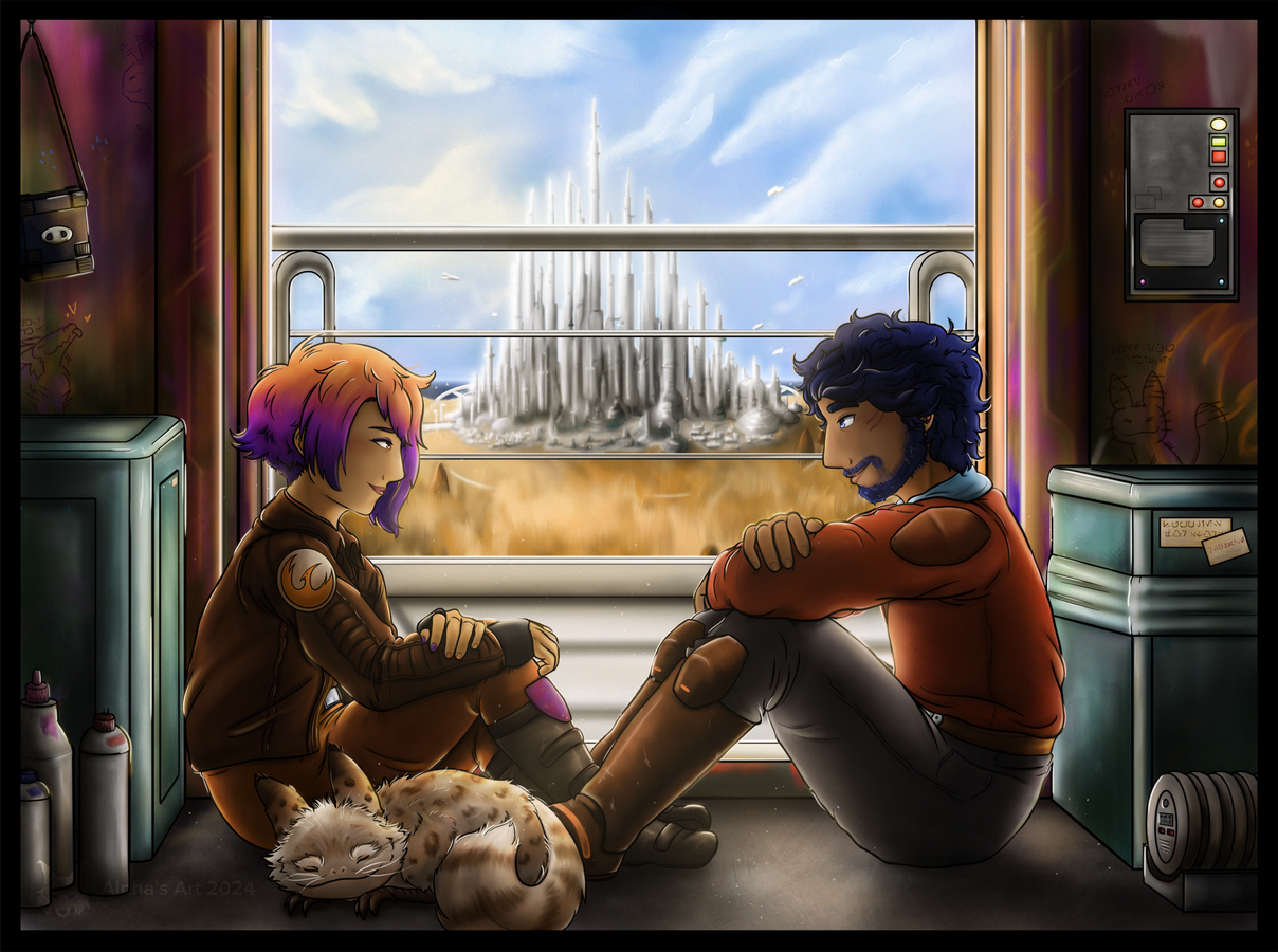Scene redraw of The Hunger Games: Mockingjay Pt.2 Scene with the Star Wars characters Sabine Wren and Ezra Bridger View 2 | Sketchbook Pro & Photoshop | Jan. 2024