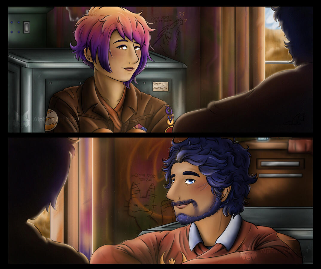 Scene redraw of The Hunger Games: Mockingjay Pt.2 Scene with the Star Wars characters Sabine Wren and Ezra Bridger View 1 | Sketchbook Pro & Photoshop | Jan. 2024