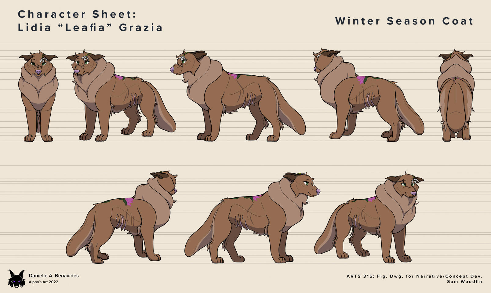 Character Turnaround Sheet: Lidia "Leafier" Grazia, Winter || Dec. 2022 || ARTS 315: Sam Woodfin