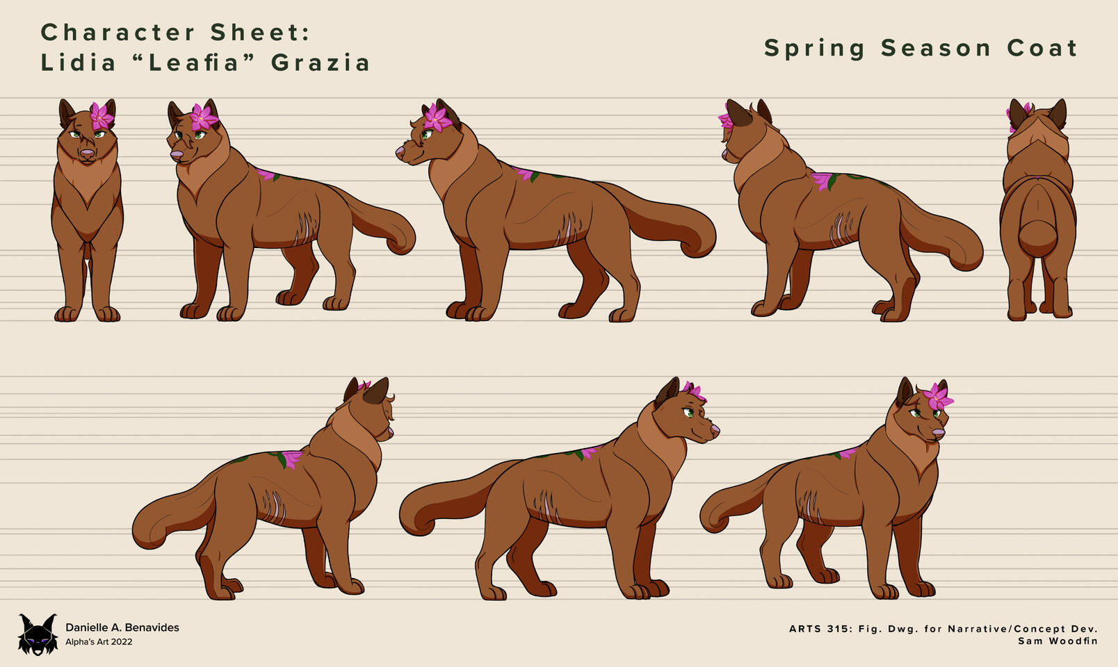 Character Turnaround Sheet: Lidia "Leafier" Grazia, Spring || Dec. 2022 || ARTS 315: Sam Woodfin